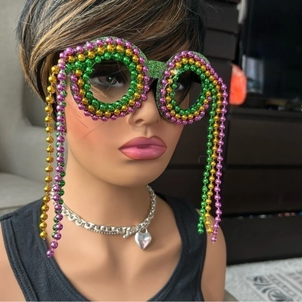 ✨GREEN GLITTER MASQUERADE Beaded glasses Mardi Gras multicolored